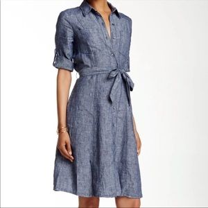 EUC Max Studio Chambray Belted 3/4 Tab Sleeve Button-Down Linen-Blend Midi Dress